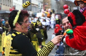 Rosenmontagszug 2014 auf der Münsterstraße. Begegnung zwischen Biene und Marienkäfer