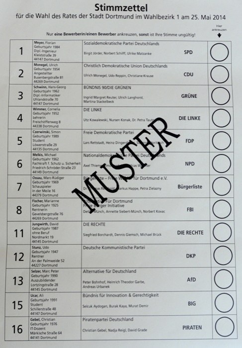 Stimmzettel für die Wahl des Rates - Wahlbezirk 3 - Nordstadt.