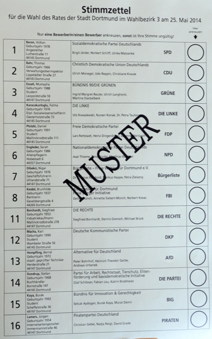 Stimmzettel für die Wahl des Rates - Wahlbezirk 3 - Nordstadt.