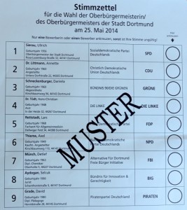 Stimmzettel für die Wahl Dortmunder Oberbürgermeisters.