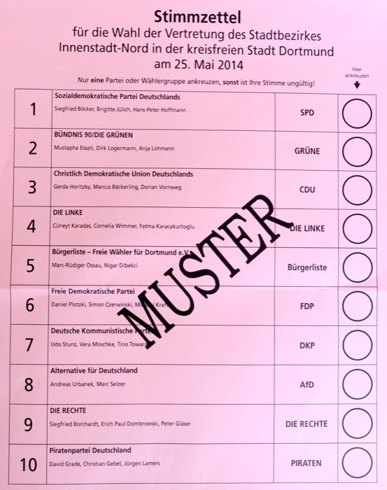 Stimmzettel für die Wahl der Bezirksvertretung der Nordstadt.