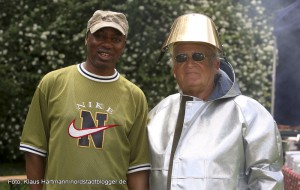 Hoeschpark- Fest 2014,Karl-Heinz Jenrich wirbt fürs Hoesch-Museum in Stahlkocher-Montur