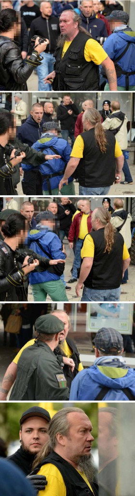 Diese Bilder eines Augenzeugen belegen, wie ein Neonazi mit Pfferspray in der Hand Journalisten bedroht. Anschließend geht ein Polizist dazwischen und drängt den Neonazi ab. Fotos: privat