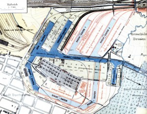 Historische Darstellung des Dortmunder Hafens inklusive ursprünglicher Erweiterungspläne (hellblau dargestellt).