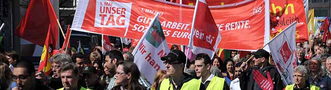 1.Mai-Demo des DGB für soziale Gerechtigkeit und gegen Rechtsextremismus in Dortmund. Foto: Alex Völkel