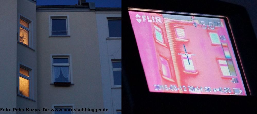 Eine Hausfassade im Vergleich, links im Dortmunder Abendhimmel, rechts in der thremografischen Ansicht.