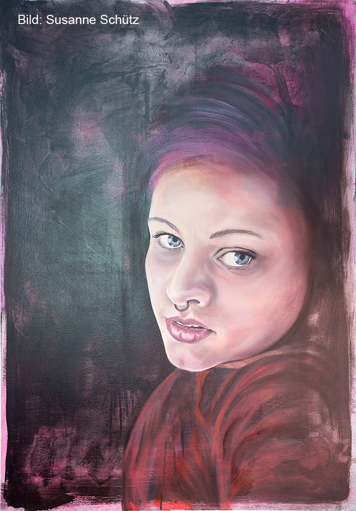 Ausstellung in der Oesterholzstraße 103 mit Arbeiten von Susanne Schütz und Viktor Sternemann. Selbstportrait von Schütz