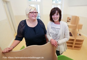 Neuer Kindergarten an der Oesterholzstraße wird eröffnet. Anika Hasenbusch und Bettina Berger an ihrem zukünftigen Arbeitsplatz