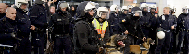 Die Polizeihundeführer hatten teilweise die Maulkörbe ihrer Tiere abgenommen. Eine Frau wurde in die Hand gebissen.