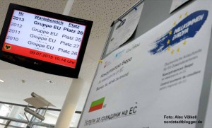 Werbung für das Projekt Willkommen Europa vor dem Schalter der Bürgerdienste des Team EU im Stadthaus bei den Bürgerdiensten  