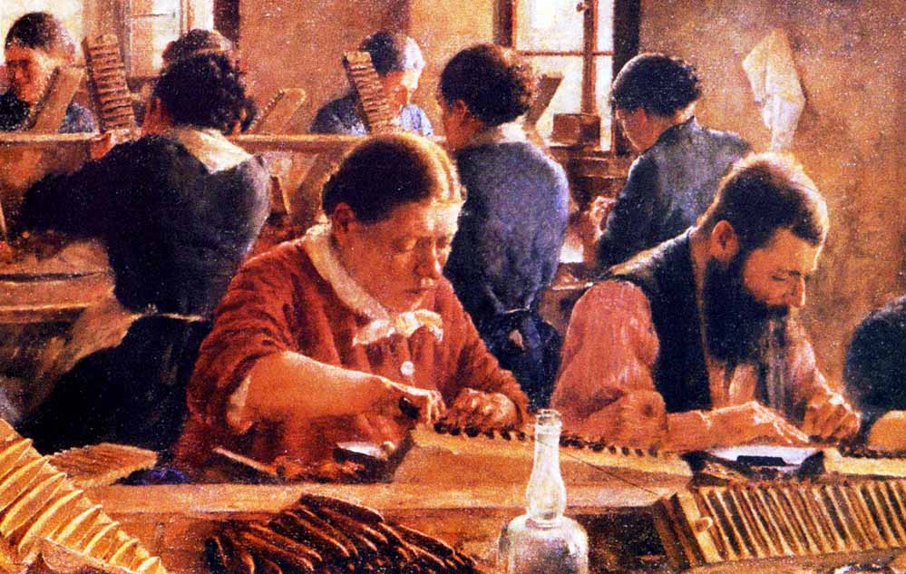 Tabakarbeiter in einem Manufakturbetrieb. (Gemälde von Johannes Marx aus dem Jahre 1889)