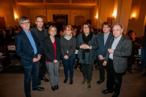 (v.l.) Pfarrer Friedrich Stiller, Ulf Schlüter (Superintendent des Ev. Kirchenkreises Dortmund), Birgit Naujoks (Flüchtlingsrat NRW), Christina Kaiser (Leiterin der Übergangseinrichtung Adlerstraße), Uta Schütte-Haermeyer (Leiterin des Fachbereichs Flucht und Migration bei der Diakonie Dortmund), Pfarrer Michael Mertins (Christus-Kirchengemeinde) und Paul Gerhard Stamm (Superintendent i.R. und Koordinator für Ehrenamtsarbeit)