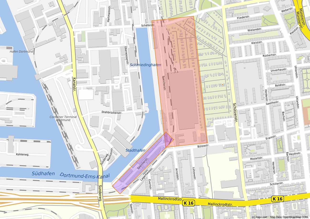 Die zwei Teilbereiche der Speicherstraße sollen entwickelt werden. www.mapz.com