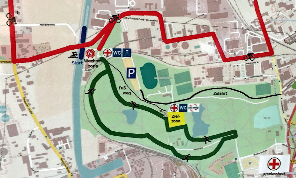 PSD-2: Die Route: Laufweg (grün), Fahrradstrecke (rot) und Schwimmstrecke (blau, im Kanal). Karte: Verein