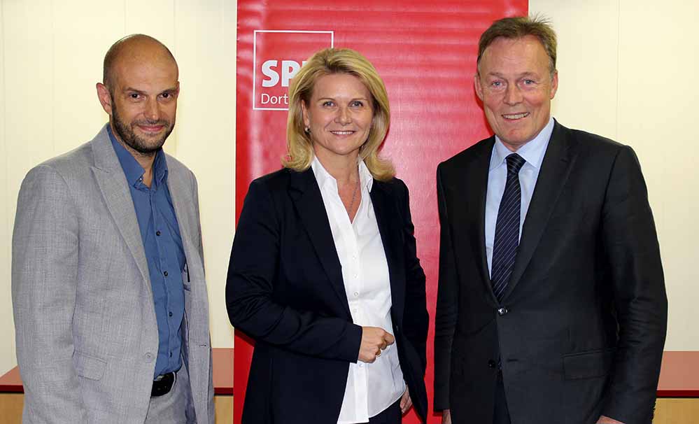 Marco Bülow (Kandidat im Bundestagswahlkreis 142), Sabine Poschmann (Kandidatin im Bundestagswahlkreis 143), und Thomas Oppermann (Vorsitzender der SPD-Bundestagsfraktion).