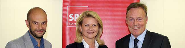 Marco Bülow (Kandidat im Bundestagswahlkreis 142), Sabine Poschmann (Kandidatin im Bundestagswahlkreis 143), und Thomas Oppermann (Vorsitzender der SPD-Bundestagsfraktion).