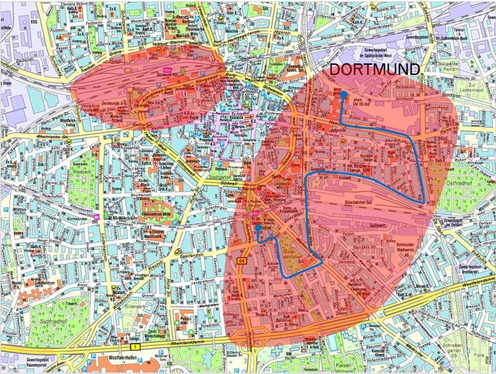 Rechts die angemeldete (aber polizeilich nicht bestätigte) Strecke und links der Bereich um die von der Polizei Dortmund verfügte Standkundgebung. Karte: Polizei DO