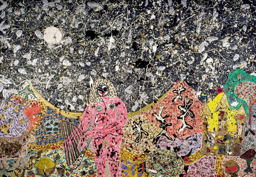 Pink Nude in Landscape 1959 Ölfarbe, kleine Fundobjekte (Fragmente von Töpferwaren, Kiesel, Kaffeebohnen, Knöpfe, Perlen, Nägel, Muscheln ...) auf Holz Niki Charitable Art Foundation, Santee Foto: Laurent Condominas