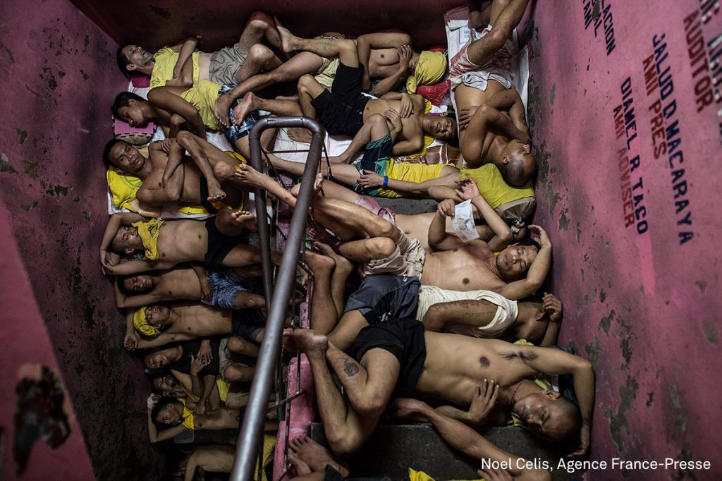 The photos show scenes from Quezon City Jail, one of the Philippines' most overcrowded prisons. Conditions are getting worse as police wage an unprecedented war on crime. There are 3,800 inmates at the jail, which was built six decades ago to house 800, and they engage in a relentless contest for space. Men take turns to sleep on the cracked cement floor of an open-air basketball court, the steps of staircases, underneath beds and hammocks made out of old blankets.