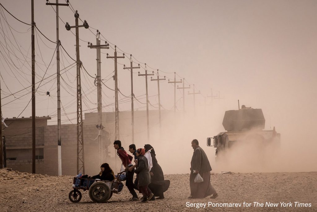 Residents of Mosul flee the city amid fighting between Iraqi forces and the Islamic State in Mosul, Iraq. Story:  More than two years after the Islamic State first blitzed across Iraq in 2014, Iraqi security forces are scrambling to evict the militant group from Mosul, its last major stronghold in the country. The campaign has displaced nearly 70,000 Iraqis, and may uproot hundreds of thousands more. With an escalating number of civilians caught up in the battle, some military officials are second-guessing their initial strategy.