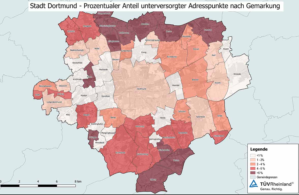 Die „weißen Flecken“ in der Breitbandversorgung sind sehr unterschiedlich verteilt. Karte: Stadt Dortmund