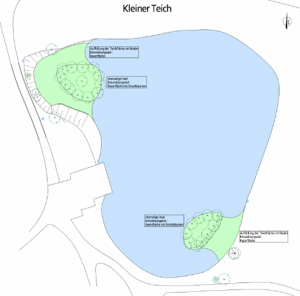 Die kleinen Inseln in kleinen Teich sind durch Anschüttungen mit dem Ufer verbunden worden.