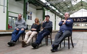 V. l.n.r.: Rolf Dennermann, Beate Conze (beide artscenico e.V.), Hans Dreher (Rottstr5 Theater) und Berthold Meyer (Theater im Depot)