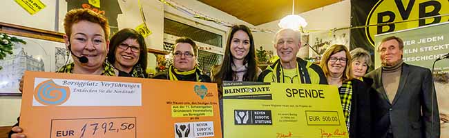 Annette Kritzler u. Anette Plümpe (Borsigplatz VerFührungen), Daniela Schmidt (Blind Date), Shari (Neven Subotic Stiftung), Jürgen Schmidt (Blind Date), Petra Stüker (BVB), Karla (Magic Goalgetter Dülmen), Siggi Held (BVB). Foto: Rüdiger Barz