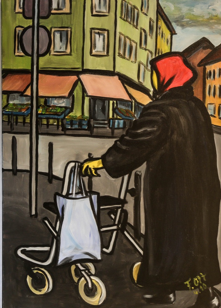 Arbeit von Franz Ott. Titel: "Einkaufsbummel im Norden" - Acryl auf Leinwand