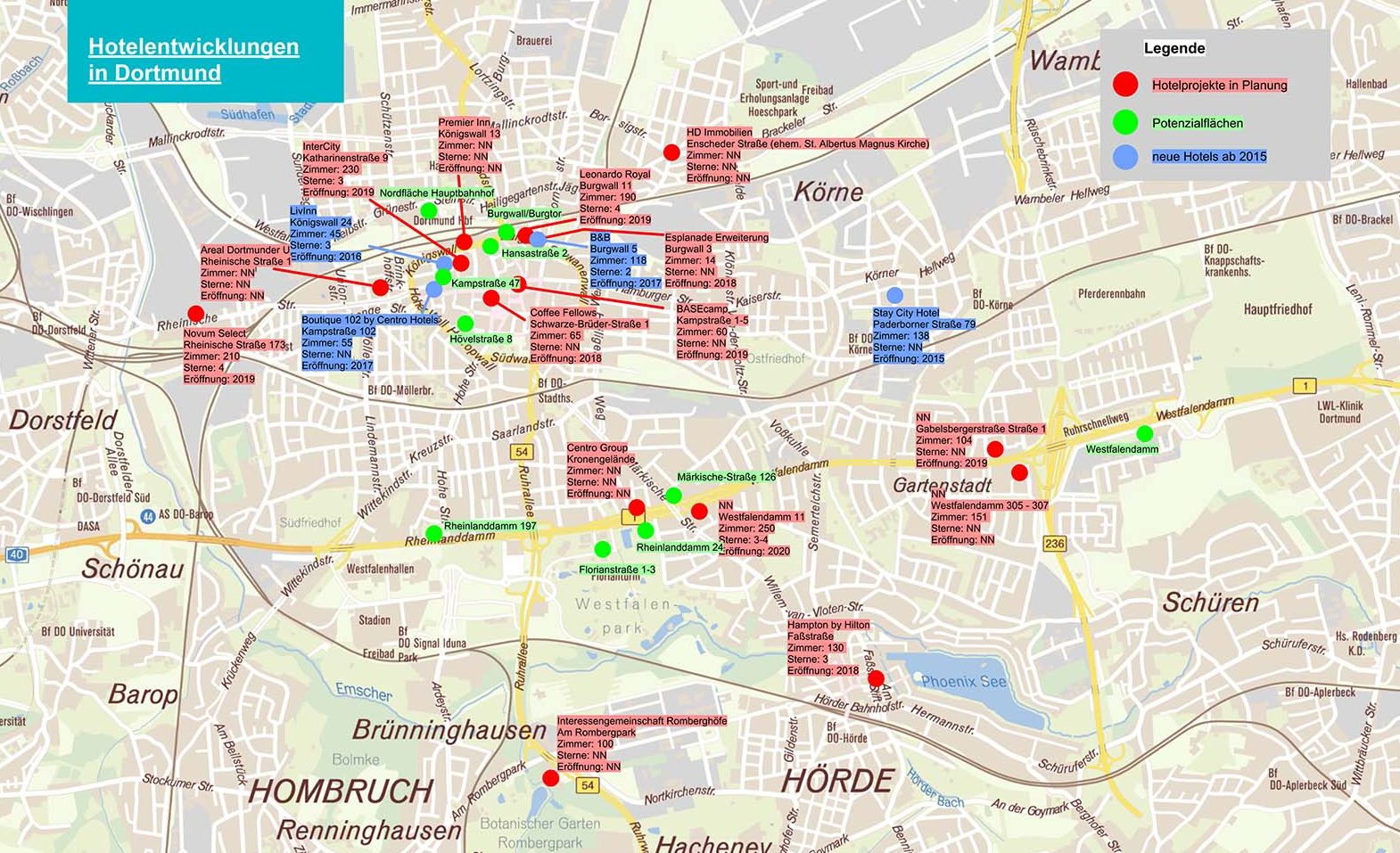 Die aktuellen Hotelentwicklungen und Potenziale auf einen Blick. Karte: Wirtschaftsförderung Dortmund