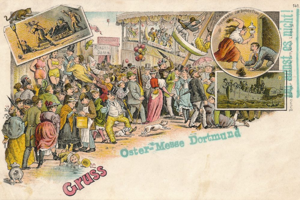 Scherzkarte mit Kirmes-Motiv und Zusatzstempel "Oster-Messe Dortmund". Die Karte wurde am 13. April 1898 in Dortmund abgestempelt. Bild: Sammlung Klaus Winter