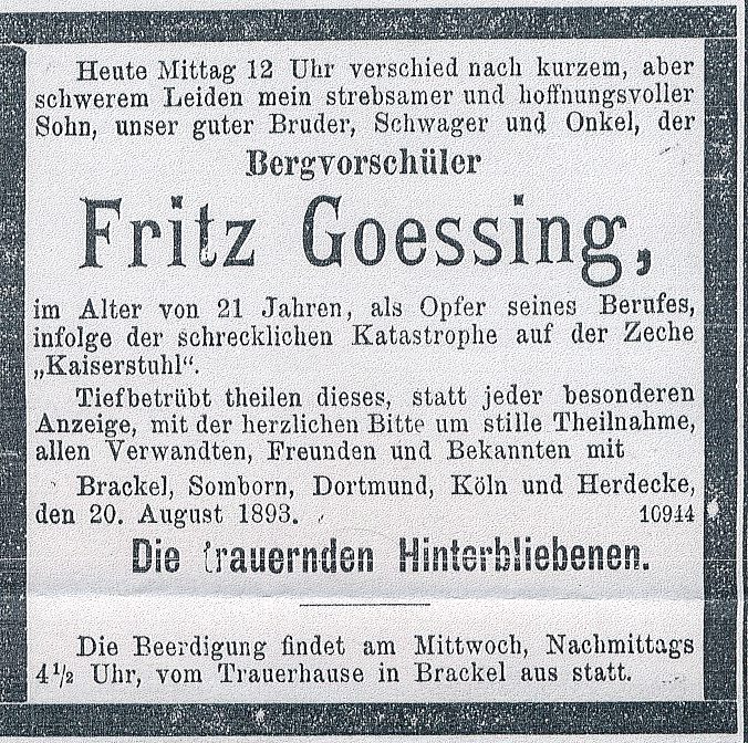 Todesanzeige für den Bergvorschüler Fritz Goessing