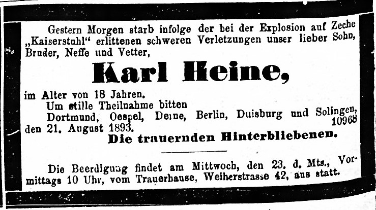 Todesanzeige für den 18jährigen Karl Heine, der zunächst verletzt geborgen worden war.