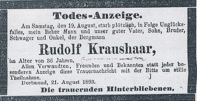 Todesanzeige der Familie für Rudolf Kraushaar.