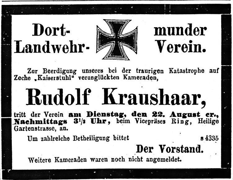 Todesanzeige des Dortmunder Landwehrvereins für Rudolf Kraushaar.