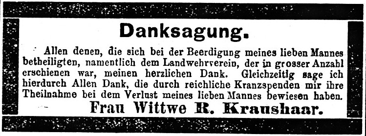 Danksagung der Witwe Rudolf Kraushaar.
