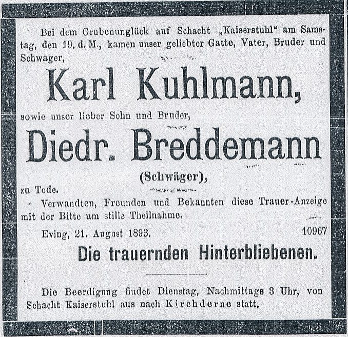 Gemeinsame Todesanzeige für die verschwägerten Karl Kuhlmann und Diedrich Breddemann.
