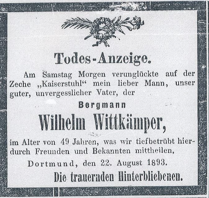 Todesanzeige für den Hauer Wilhelm Wittkämper.