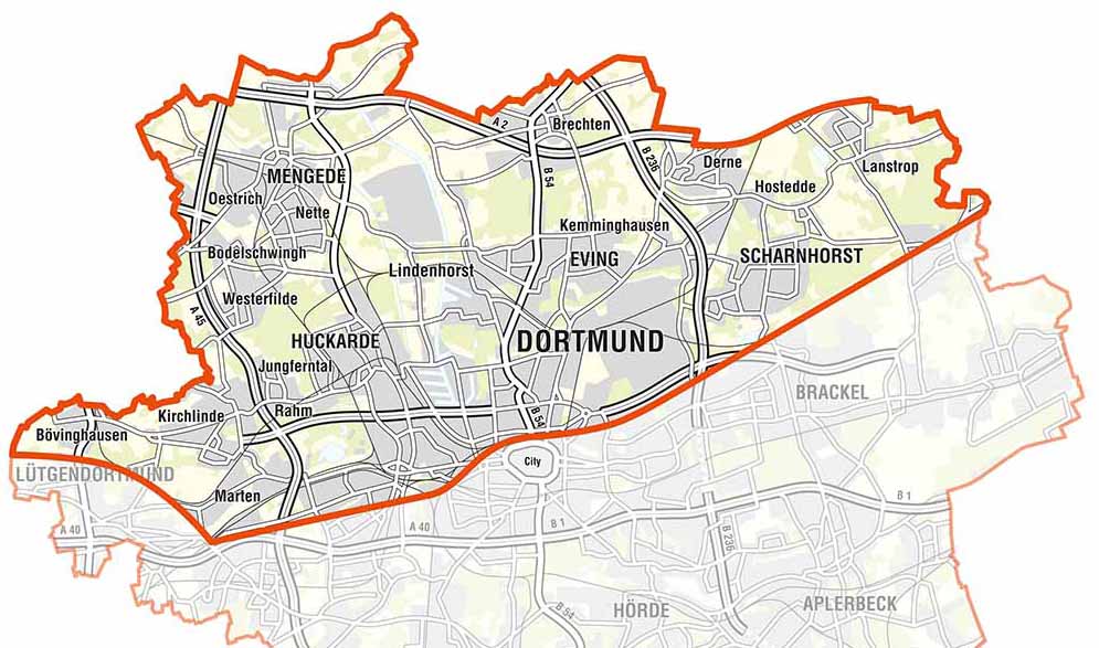 Sieben Stadtbezirke sind in „Nordwärts“ ganz oder teilweise einbezogen. Karte: Stadt Dortmund