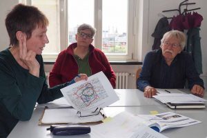 Irina Vellay, Wiebke Clausen und Wolfgang Richter von der Initiative „Garten statt ZOB“ beraten über die Luftprobleme.