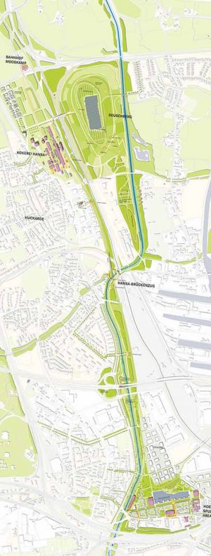 Der Grünzug könnte von der Rheinischen Straße bis zum Bahnhof Mooskamp hinter dem Deusenberg führen. Geplant ist auch eine Anbindung des Fredenbaumparks.