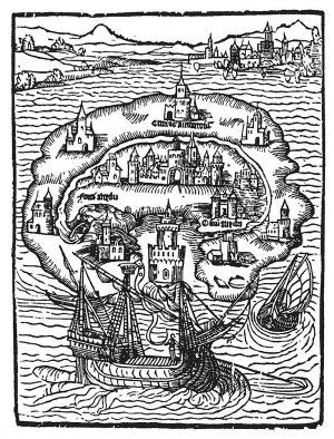 "Utopia": Titelholzschnitt der Erstausgabe von 1516. Die deutsche Übersetzung erfolgte 1524. Bild: Wikipedia