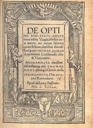 Faksimile der ersten Seite von „Utopia“, Druckausgabe 1518. Bild: Wikipedia