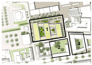 Drei potenzielle Bauflächen gibt es südwestlich des U-Turms. Auf Baufeld 1 sollen das Wohnheim entstehen. Die Flächen 2 und 3 sollen noch vermarktet werden.