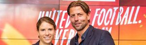 Dortmunds Regionales EURO2024-Botschafterteam Annike Krahn und Roman Weidenfeller steht Rede und Antwort. Foto: Roland Gorecki/ Stadt DO