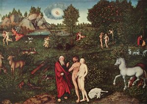 Adam und seine Frau im Garten Eden Paradies. Lucas Cranach d.Ä. (1530). Quelle: Wiki