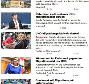 Ausschnitt Archiv der Basler Zeitung zu Artikeln über den „Migrationspakt“. Deutlich wird der Beitrag von Markus Melzl als Kommentar ausgezeichnet. Heißt: er spiegelt nicht notwendig die Meinung der Redaktion. Quelle: eigener Screenshot vom 17.11.2018