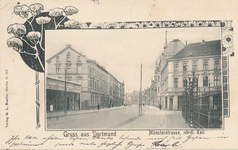 Münsterstraße von der Josephs-Kirche nach Norden, um 1910. Das dritte Haus von links war der langjährige Firmensitz Automobilzentrale Hans Daum (Sammlung Klaus Winter)