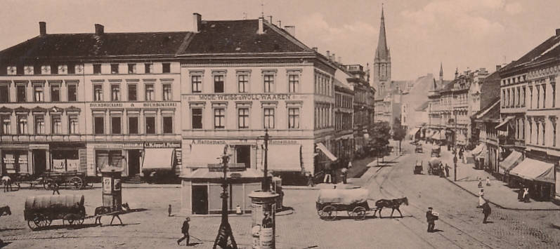 Nordseite des Steinplatzes und Münsterstraße um 1905. In der Bildmitte das Haus Münsterstr. 18 (Sammlung Klaus Winter)