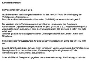 Eines der Schriftstücke, die verschiedenen Stellen der VVN-BdA zugingen. 